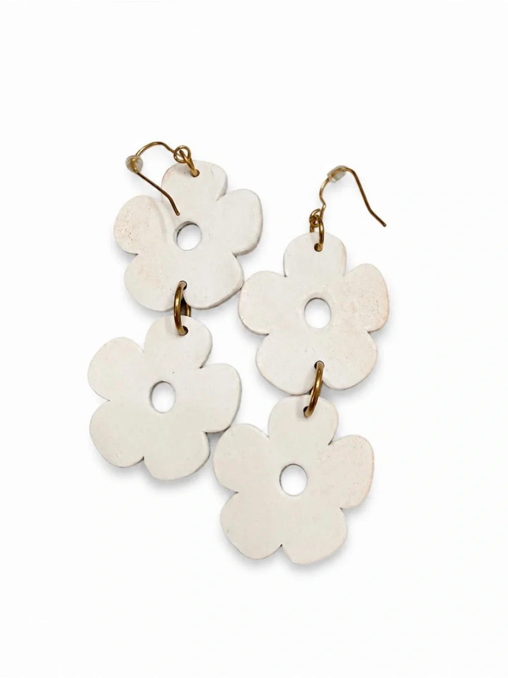 White Double Flower Drop Earrings Gold Tone